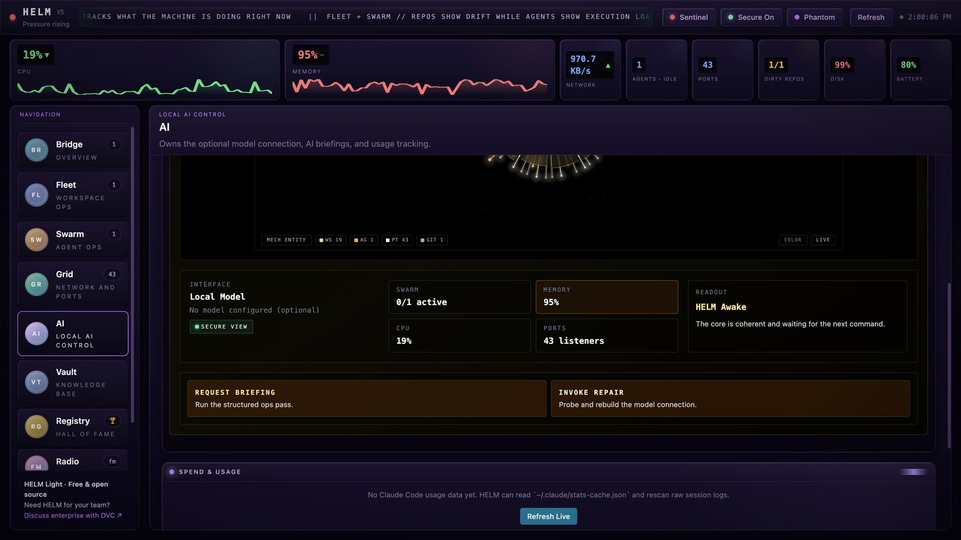 Helm Light AI page explicitly showing No model configured (optional), with briefing and connection controls