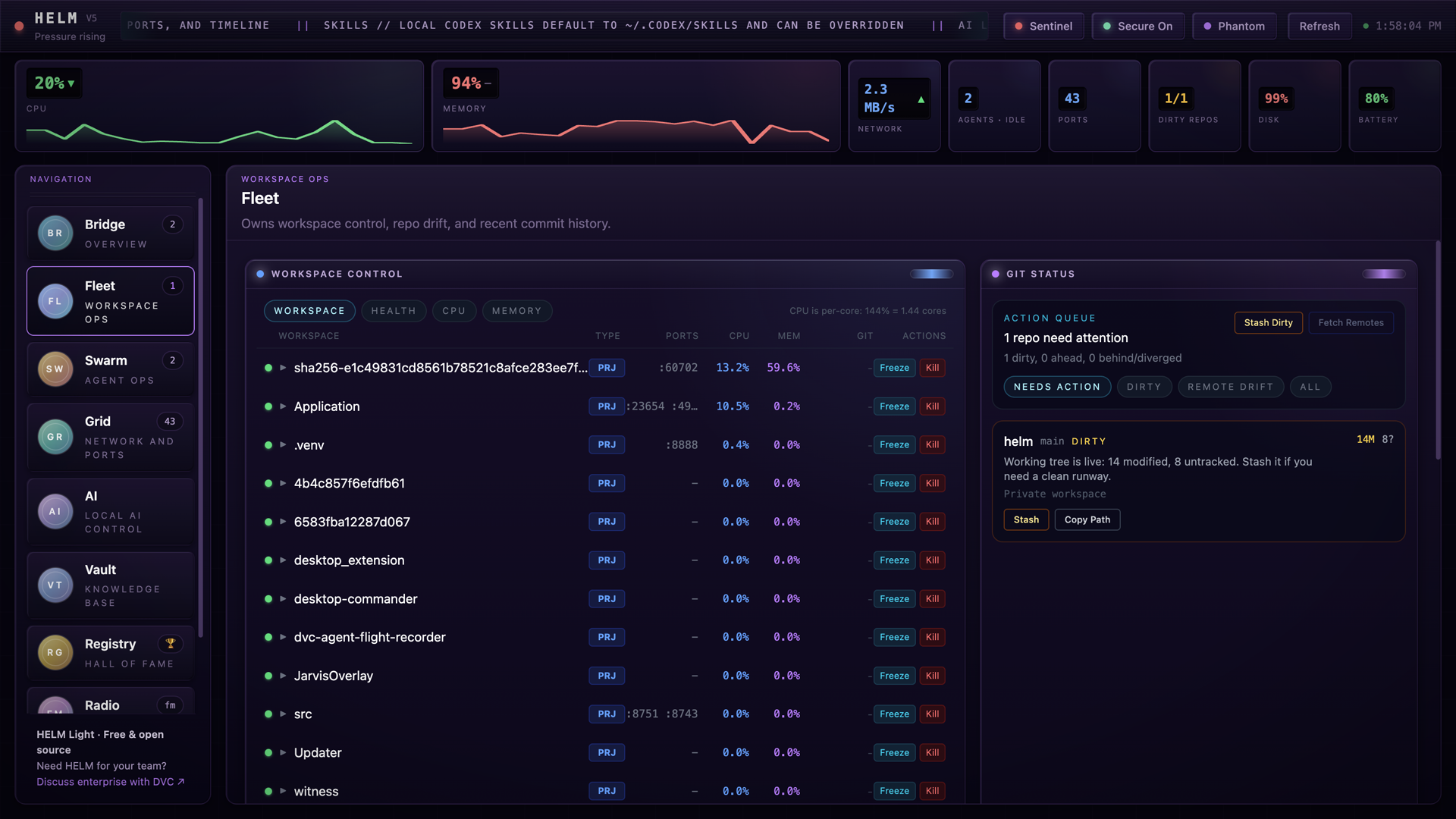 Helm Light Fleet showing workspace processes and the local helm repository with uncommitted changes; its path is hidden