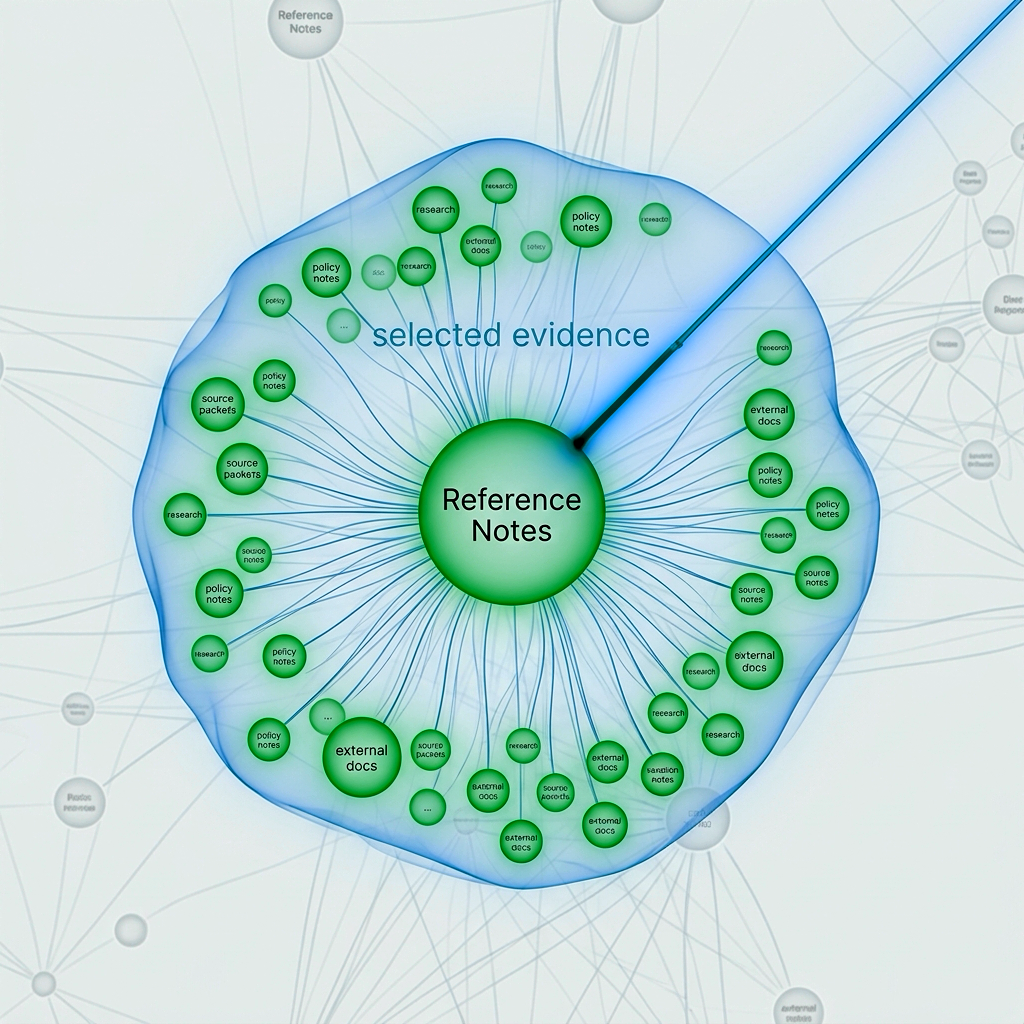 Reference Notes node with green child nodes and blue selected evidence overlay