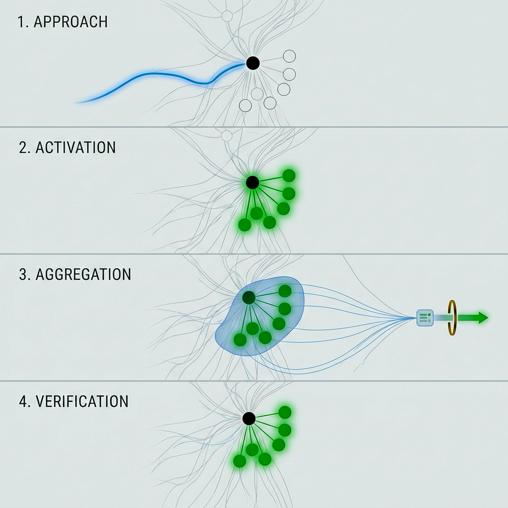 Four-step route sequence showing approach, activation, aggregation, and verification